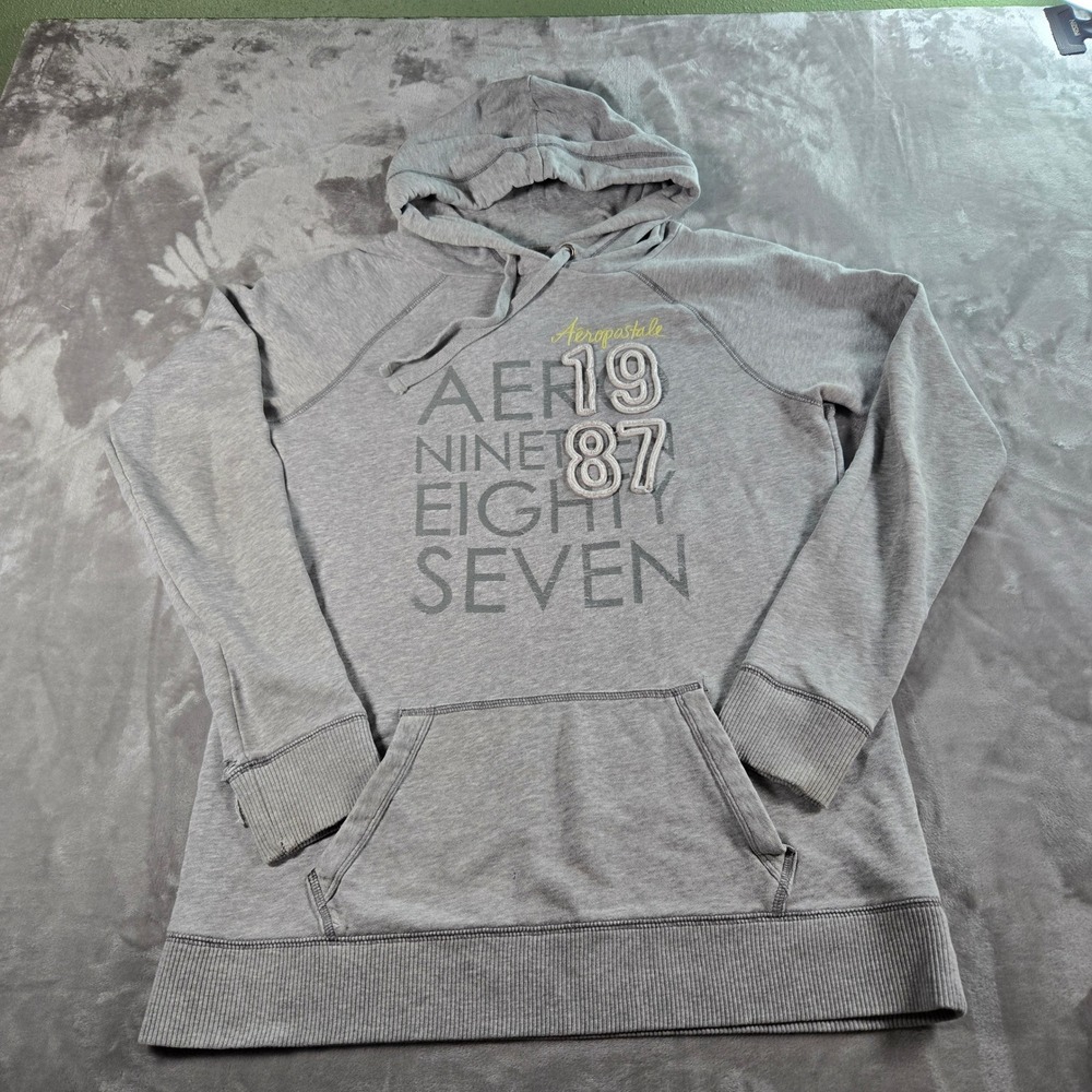 VTG Aeropostale Aero Y2K Womens XL‎ Hoodie Long Gray 1987 Graphic Sweatshirt Top